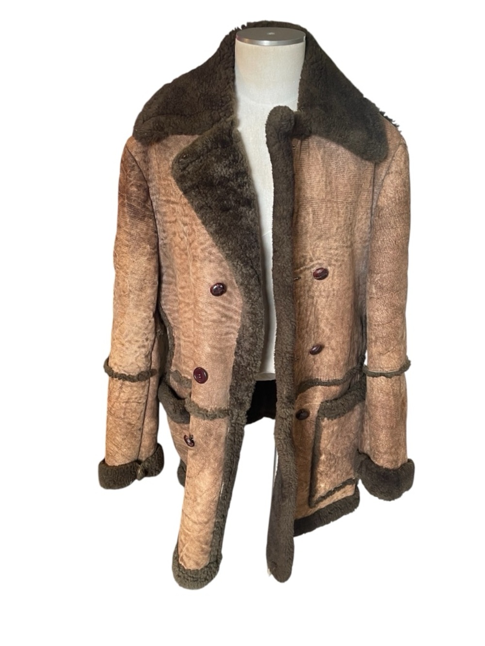 Vintage Leather Shearling Coat with Dark Brown Trim - Picture 3 of 12